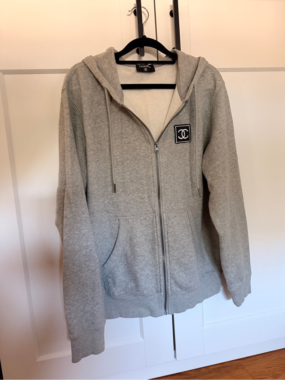 CHANEL Light Gray Zip-Front Hoodie Jacket